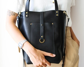 Medium Leather Tote Bag, Black Leather Handbag, Black Tote with Pockets, Work Bag