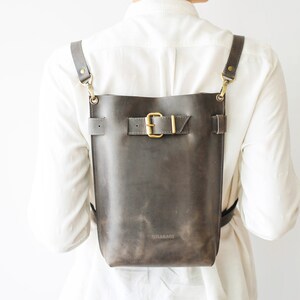Gray leather backpack, Backpacks for Women, Minimalist Backpack, Convertible Backpack Purse, Leather Rucksack