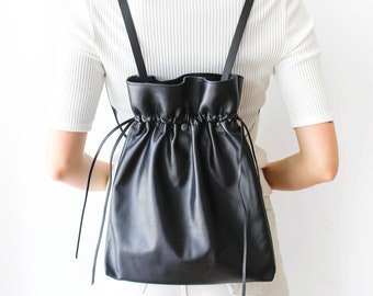 Sac à dos en cuir noir, Sac en cuir pour femmes, Sac à dos en cuir pour femmes, Sac en cuir noir, Sac à cordon de serrage