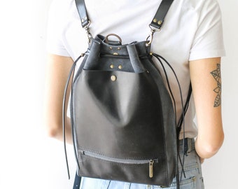 Gray Leather Backpack with Pockets, Suede Shoulder Bag, Large Leather Backpack, Leather Rucksack Women, Convertible Backpack Purse