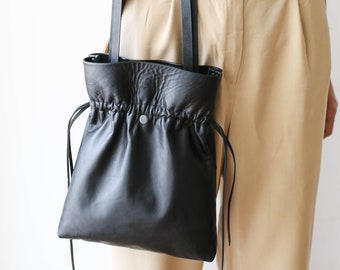 Leather Bag, Black Leather Bag, Leather Purse, Black Leather Handbag, Leather Pouch Bag, Soft Leather Bag with Chain