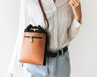 Black Crossbody Purse, Brown Leather Handbag, Small Leather Bag, Convertible Mini Backpack, Bucket Bag, Gift for Friend