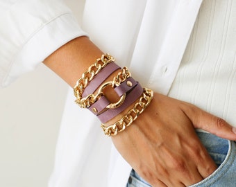 Chain Bracelet, Leather Jewelry, Leather Cuff Bracelet, Bracelets for women, Purple leather Bracelet