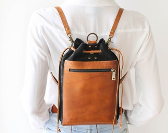 Black Leather Bag, Handmade Leather Backpack with Front Pockets, Black Leather Crossbody Bag, Bucket Bag, Laptop Bag, Handbag