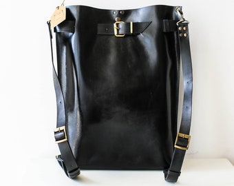 Handmade Large Leather Backpack, Black Leather Backpack, Glossy leather purse, Leather Laptop Backpack, Qisabags