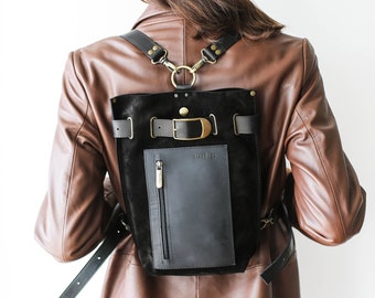 Leather Backpack Purse, Backpack for Women, Black Leather Sling Bag, Sling Backpack, College Backpack