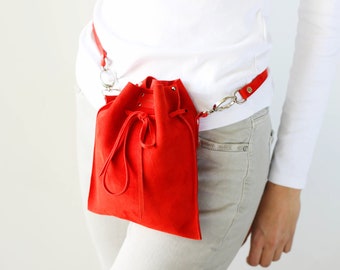 Red Leather Purse, Leather Waist Bag, Fanny Pack, Belt Bag, Small Suede Bag