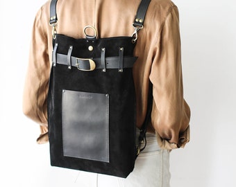 Black Leather Backpack, Suede Leather Bag with Wide Bottom, Laptop Backpack, Womens Leather Backpack, Travel Backpack