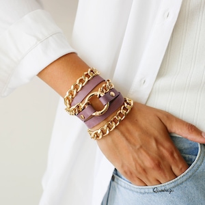 Chain Bracelet, Leather Jewelry, Leather Cuff Bracelet, Bracelets for women, Purple leather Bracelet