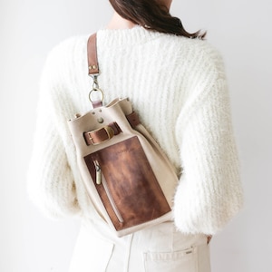 Beige Leather Sling Backpack, Leather Sling Bag, Leather Crossbody Bag, Travel Backpack, Leather Backpack Purse for Women