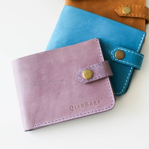 Cartera de piel morada para mujer, cartera plegable, cartera pequeña para mujer, cartera fina de piel, regalo de Navidad para ella