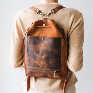 Brown Leather Bag, Women's Leather Backpack, Cognac Leather Shoulder Bag, Bucket Bag, Laptop Backpack with Pockets, Backpack Purse image 5