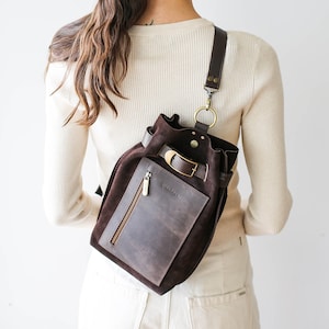 Leather Sling Backpack, Brown Leather Bag Women, Hobo Bag, Leather Sling Bag, Suede Cross Body Bag image 2