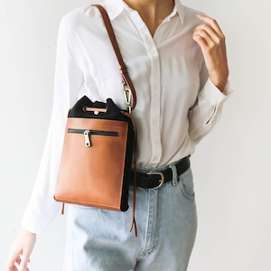 Black Crossbody Purse, Brown Leather Handbag, Small Leather Bag, Convertible Mini Backpack, Bucket Bag, Gift for Friend