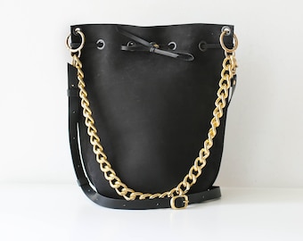 Bucket Bag with Chain, Black Leather Bag, Black Handbag, Black Bucket Bag, Leather CrossBody Bag, Leather Handbag