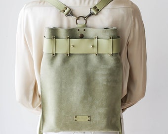 Leather Backpack, Olive Green Leather Bag, Leather Shoulder Bag, Minimalist Backpack, Backpack for Women