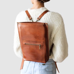 Brown Leather Backpack Purse, Leather Laptop Backpack, Convertible Backpack with Zipper, Leather Backpack Women image 1