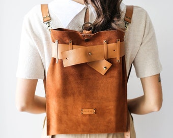 Leder Rucksack, Cognac Brauner Rucksack, Braune Wildleder Tasche, Boho Rucksack, Minimalistischer Rucksack, Reiserucksack