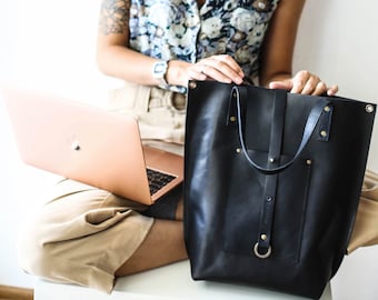 Large Leather Tote, Leather Laptop Bag, Handmade Tote Bag for a Laptop, Black Tote, Black Leather Handbag