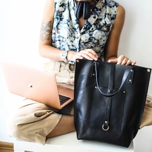 Large Leather Tote, Leather Laptop Bag, Handmade Tote Bag for a Laptop, Black Tote, Black Leather Handbag