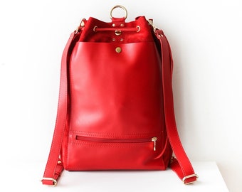 Women's Backpack, Red Leather Backpack, Leather Shoulder Bag, Leather Rucksack, Travel Backpack