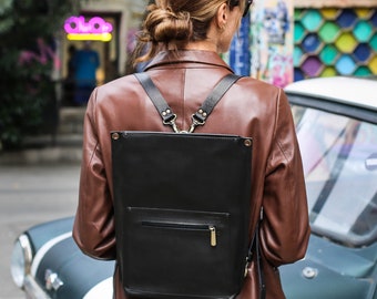 Leather Backpack Women, Slim Leather Backpack Purse with Zipper, Leather Laptop Bag, Black Leather Crossbody Bag