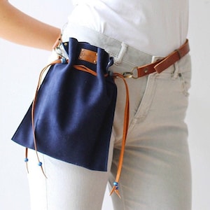 Blue Leather Bag, Blue Waist Bag, Leather Fanny Pack, Blue Drawstring Bag