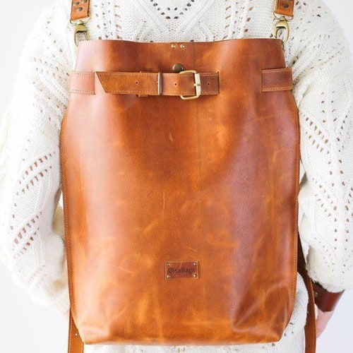 Large Leather Bag Brown Leather Backpack Leather Travel Etsy