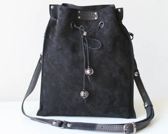 Black Suede Bag, Black Leather Fanny Pack, Leather Accessories, Suede Bucket Bag, Small Leather Bag