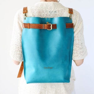 Large Leather Backpack, Leather Laptop Backpack, Blue Backpack, Large Travel Bag