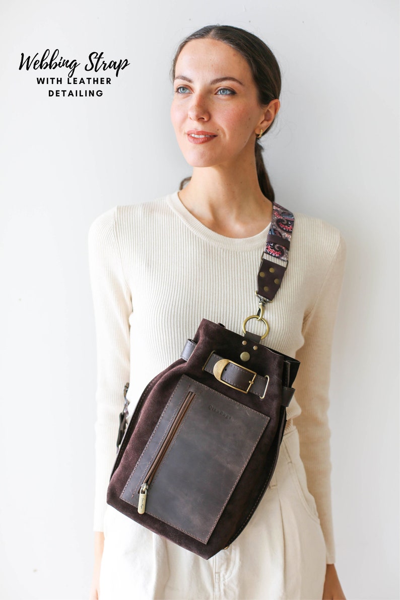 Leather Sling Backpack, Brown Leather Bag Women, Hobo Bag, Leather Sling Bag, Suede Cross Body Bag image 5