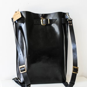 Handmade Large Leather Backpack, Black Leather Backpack, Glossy leather purse, Leather Laptop Backpack, Qisabags image 2
