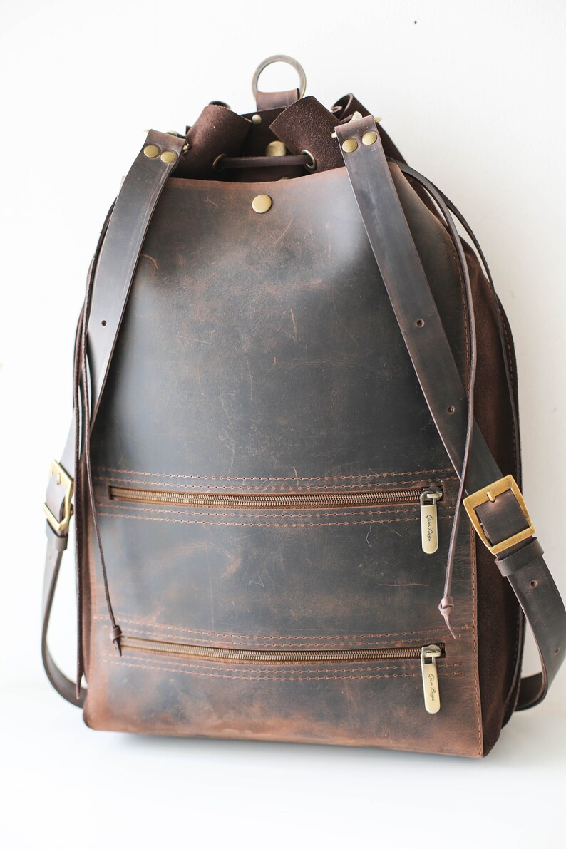 Men's Leather Backpack, Brown Leather Backpack, Laptop Backpack for Men and Women, Leather Rucksack, Minimalist Backpack 画像 2