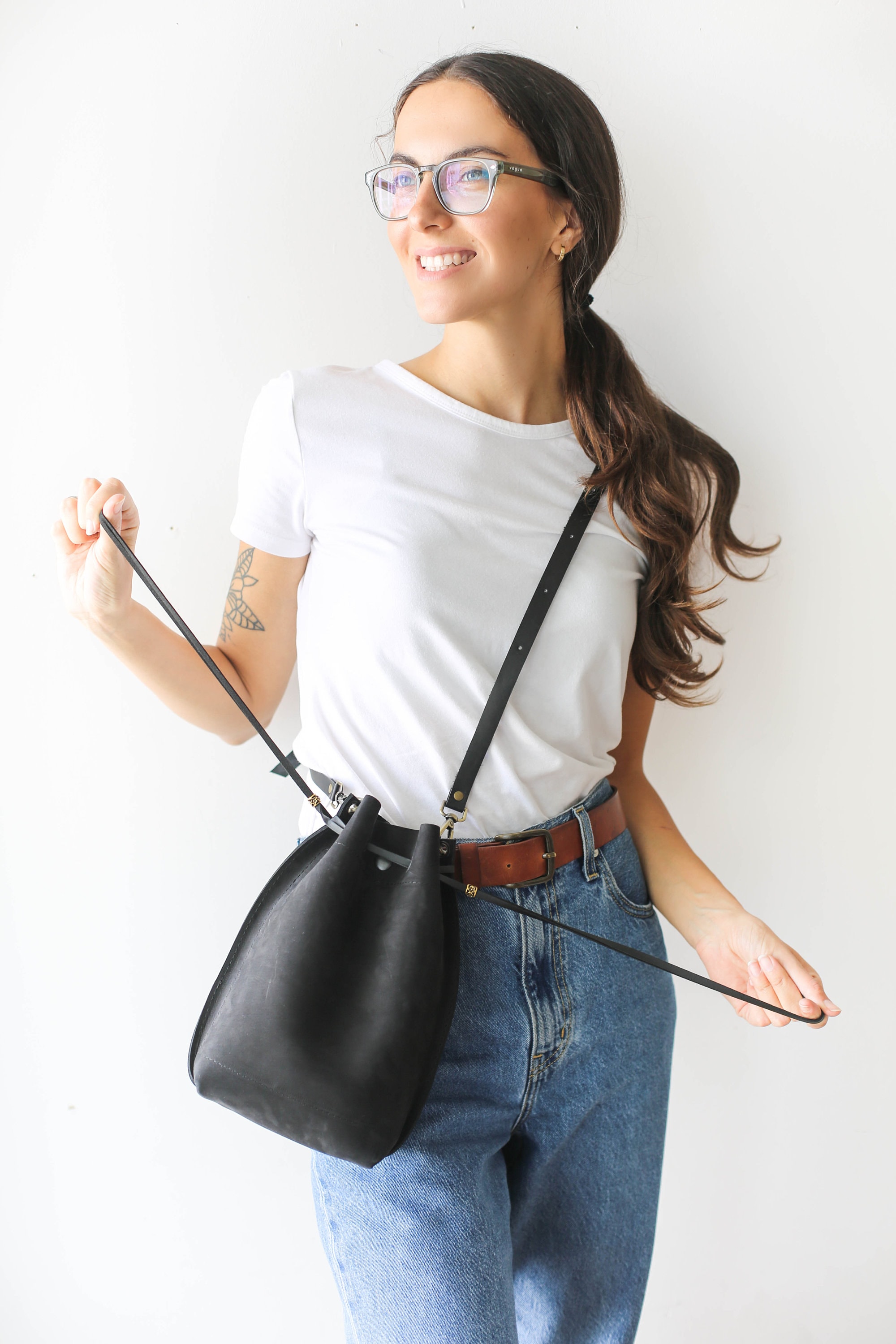 ショルダーバッグ・ポシェット Leather Belted Bucket Bag Leather Bucket Bag, Genuine Leather Shoulder Bag, Crossbody