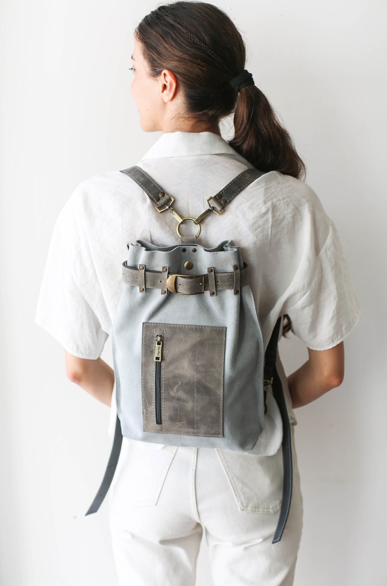 Leather Backpack Purse, Leather Backpack for Women, Leather Sling Backpack, Gray Suede Leather Shoulder Bag image 1