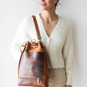 Brown Leather Bag, Women's Leather Backpack, Cognac Leather Shoulder Bag, Bucket Bag, Laptop Backpack with Pockets, Backpack Purse image 2