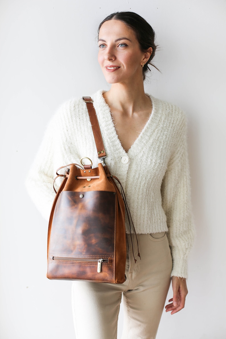 Brown Leather Bag, Women's Leather Backpack, Cognac Leather Shoulder Bag, Bucket Bag, Laptop Backpack with Pockets, Backpack Purse image 2