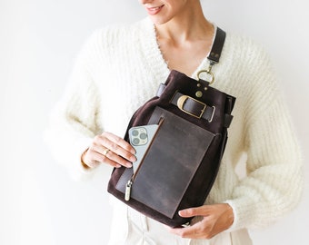 Leather Sling Backpack, Brown Leather Bag Women, Hobo Bag, Leather Sling Bag, Suede Cross Body Bag