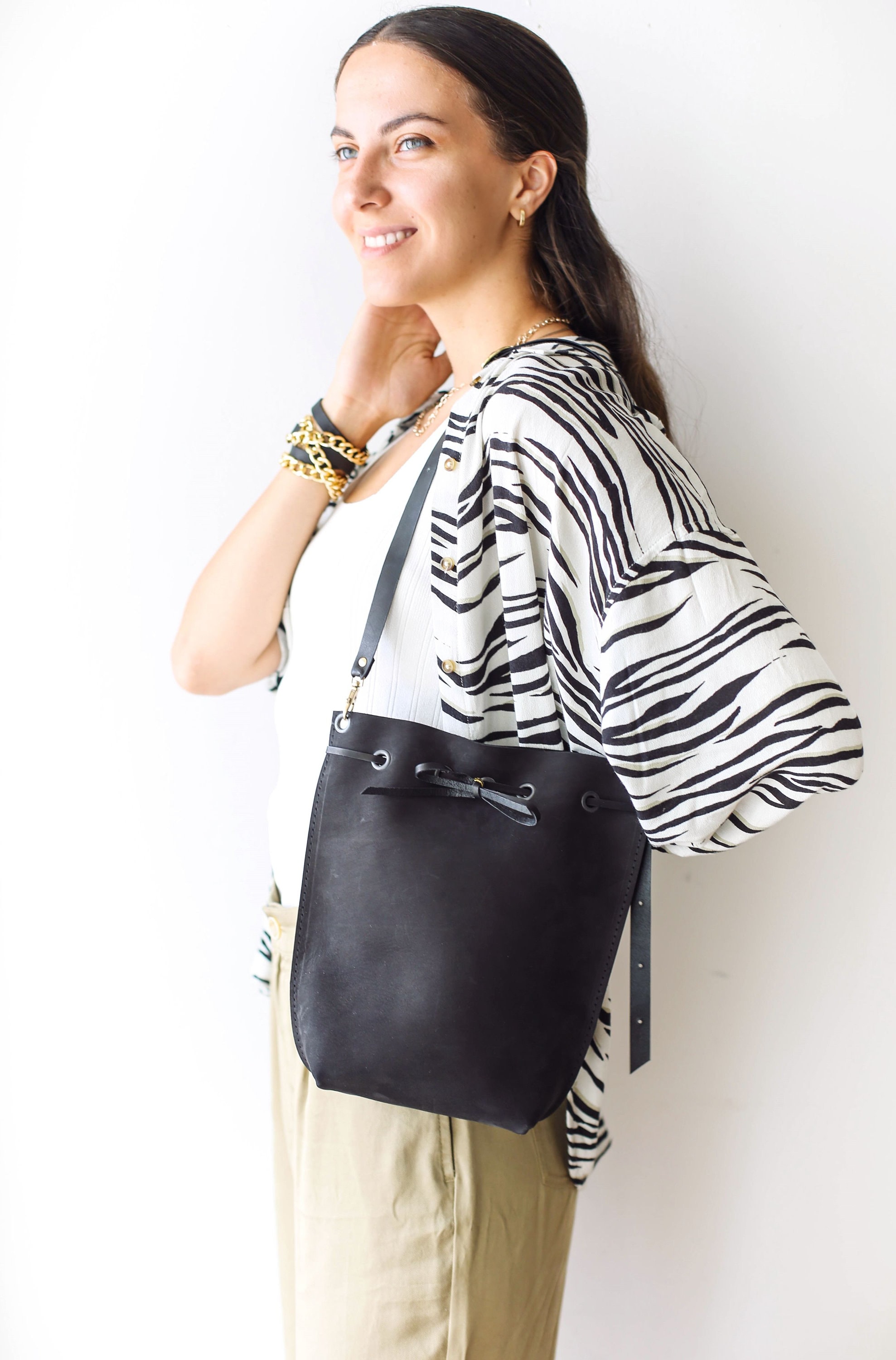 Bucket Bag With Chain, Black Leather Bag, Black Handbag