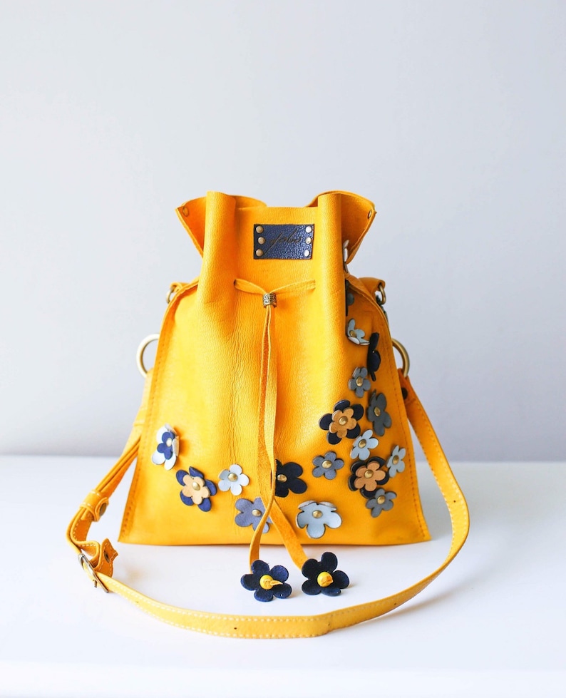 Small Leather Handbag Leather Shoulder Bag Yellow Bucket Etsy