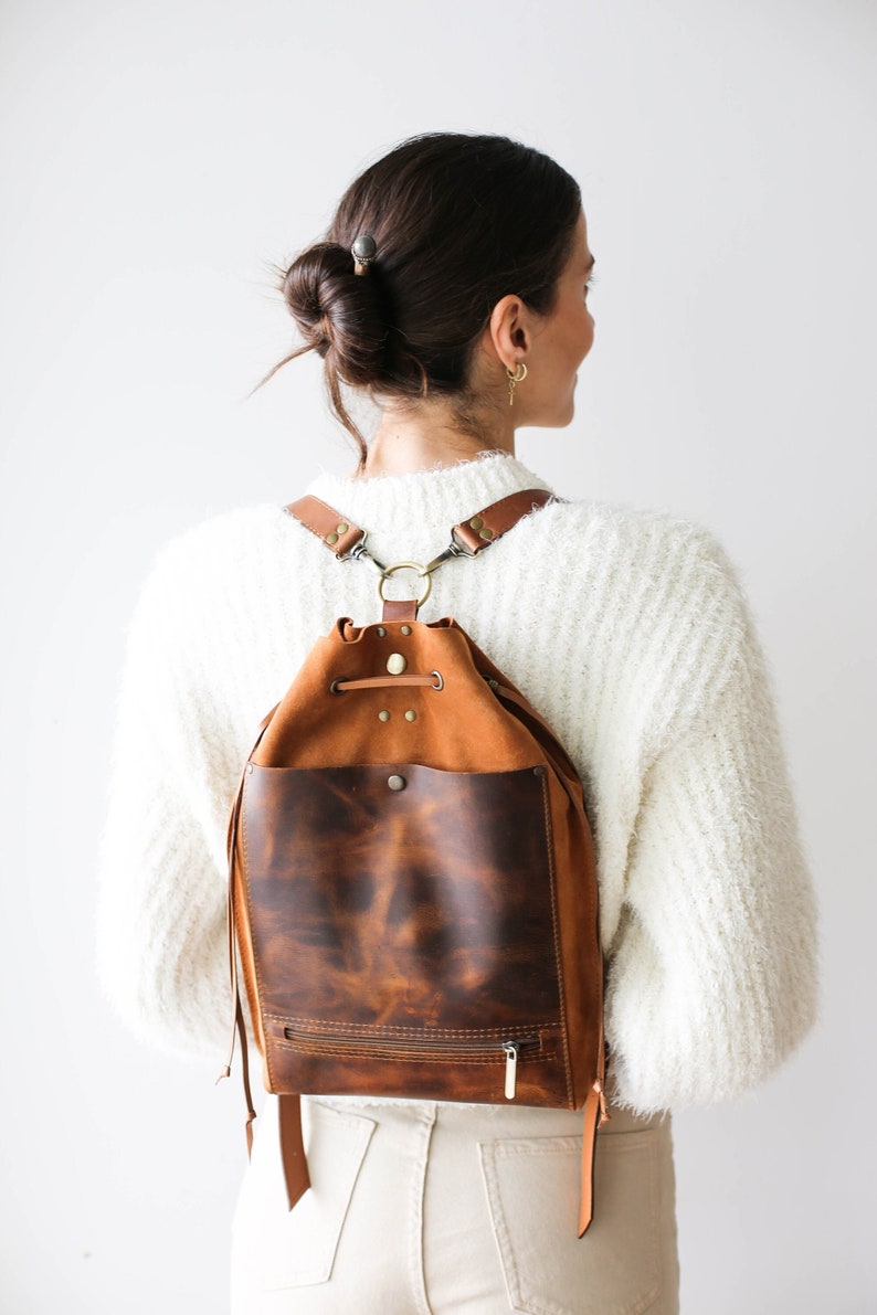 Brown Leather Bag, Women's Leather Backpack, Cognac Leather Shoulder Bag, Bucket Bag, Laptop Backpack with Pockets, Backpack Purse image 1