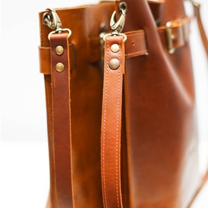 Brown Leather Bag, Women's Leather Backpack, Cognac Leather Shoulder Bag, Bucket Bag, Laptop Backpack with Pockets, Backpack Purse image 10