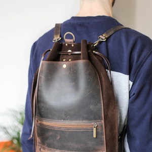 Men's Leather Backpack, Brown Leather Backpack, Laptop Backpack for Men and Women, Leather Rucksack, Minimalist Backpack 画像 6