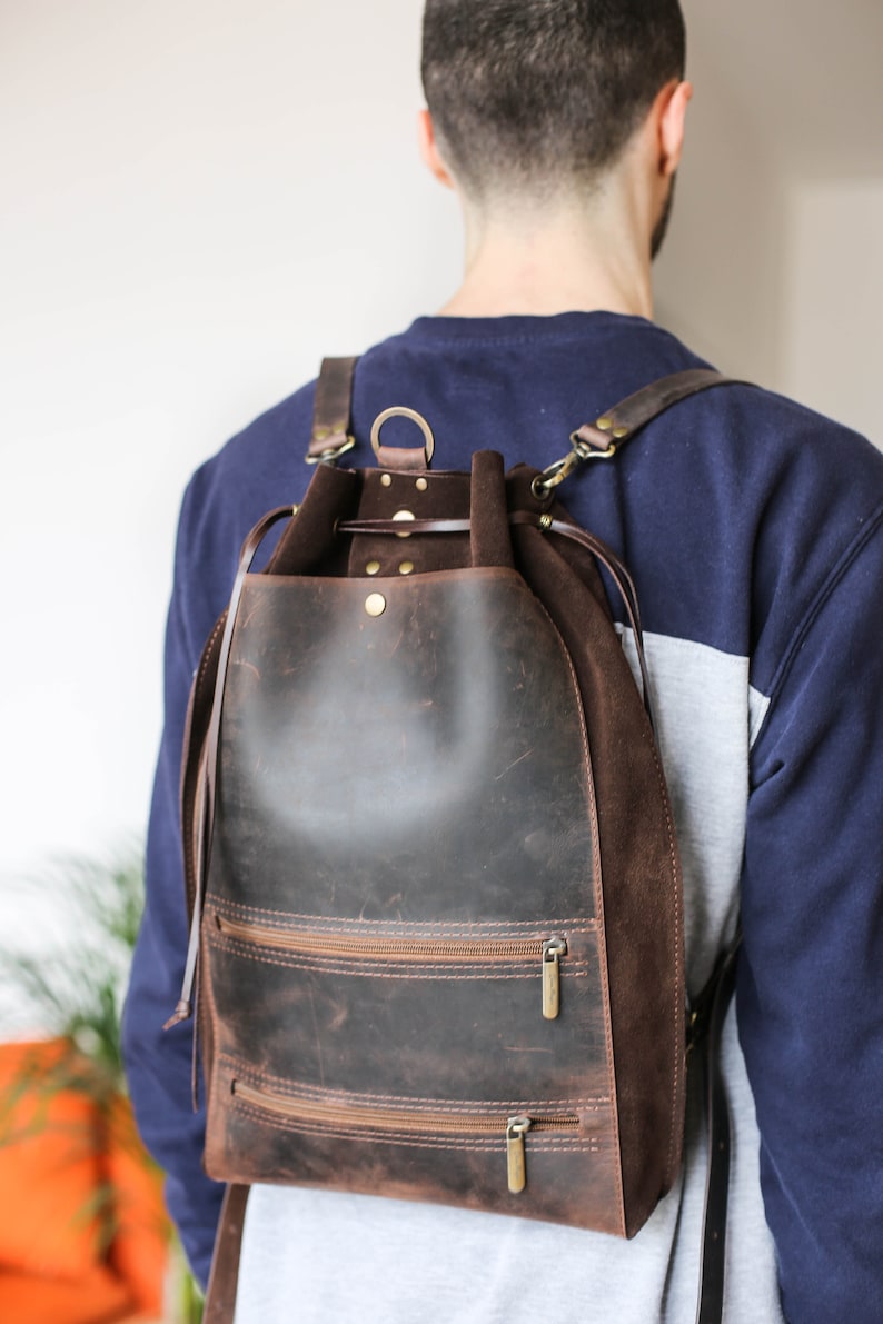 Men's Leather Backpack, Brown Leather Backpack, Laptop Backpack for Men and Women, Leather Rucksack, Minimalist Backpack 画像 6