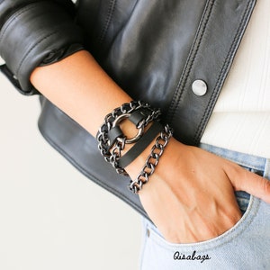 Black Leather Bracelet, Leather Jewelry, Boho Bracelet, Leather Cuff Women, Leather wristband, Gift for Her image 6
