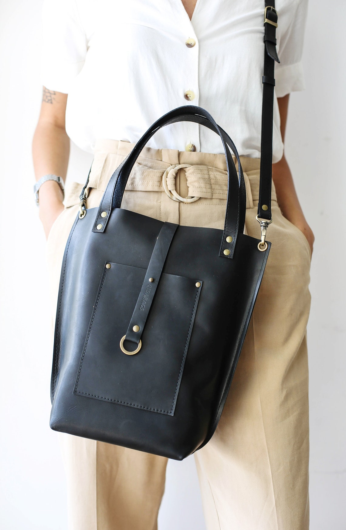 Medium Leather Tote Bag Black Leather Handbag Black Tote Etsy