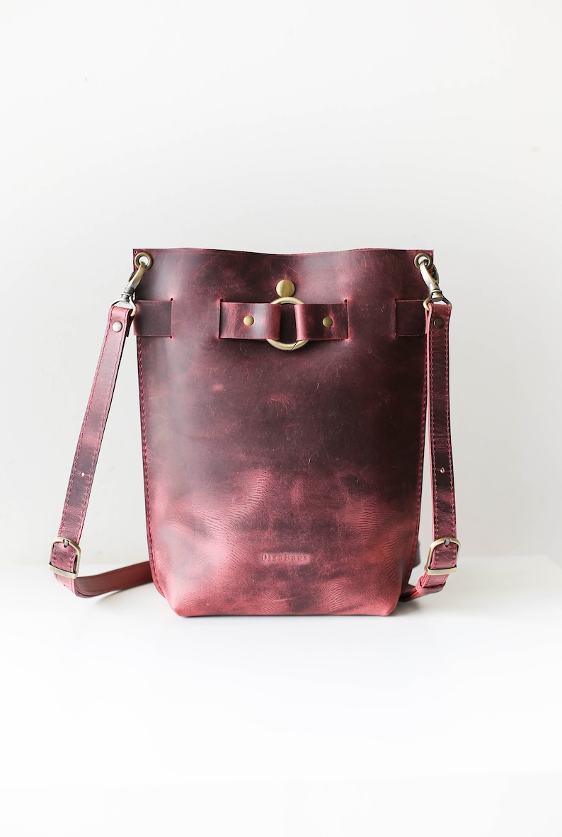 Burgunder Leder Rucksack, Leder Handtaschen für Frauen, Leder Cross Body Schultertasche, Leder Rucksack Geldbörse Bild 1