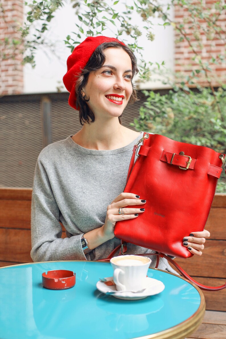 Leather shoulder bag, Everyday Bag, Leather Messenger Bag Women, Red Leather Bag, Leather Backpack image 9
