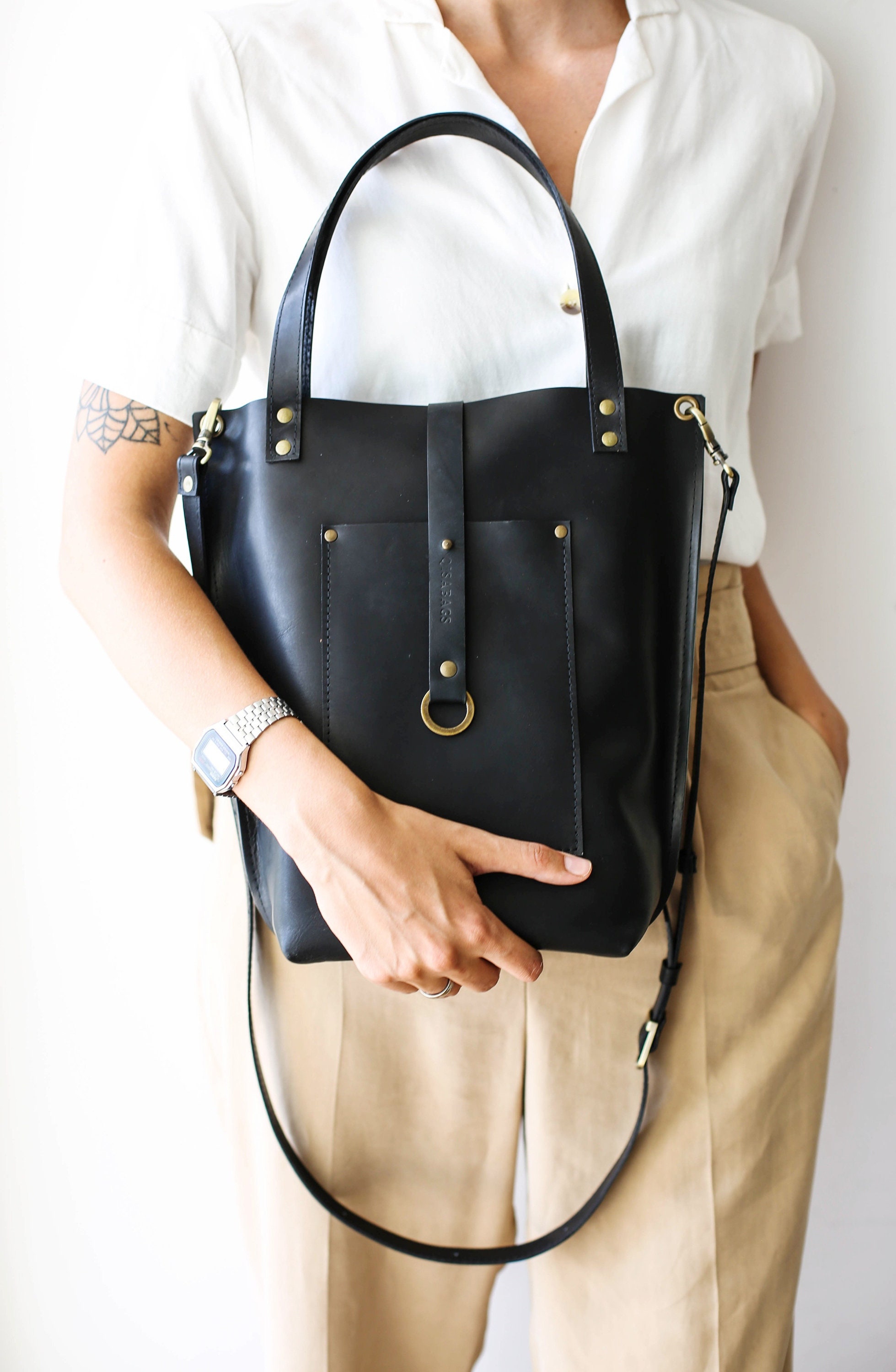 Medium Leather Tote Bag, Black Leather Handbag, Black Tote