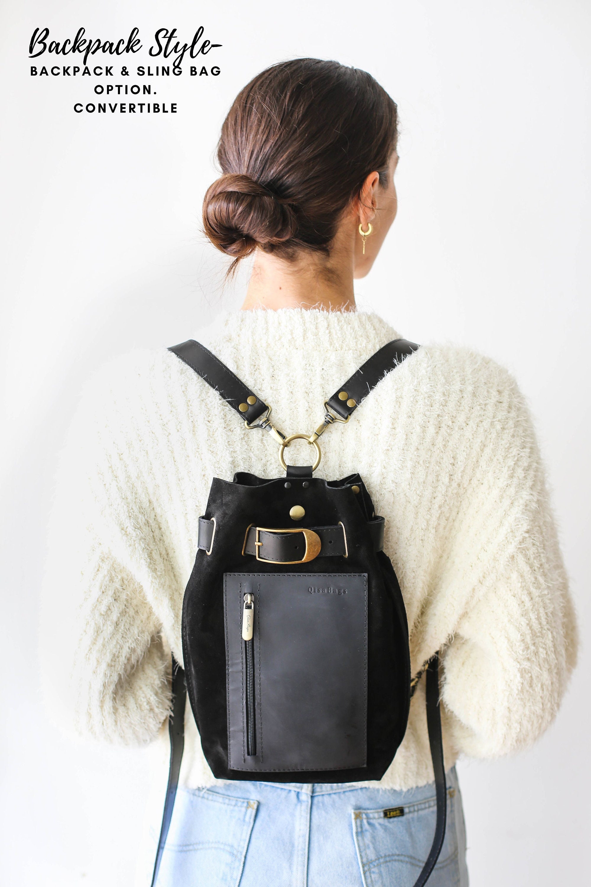 Leather Backpack Purse, Backpack for Women, Black Leather 